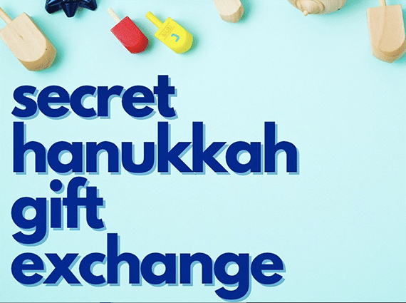 Secret Hanukkah gift exchange on blue background with dreidels