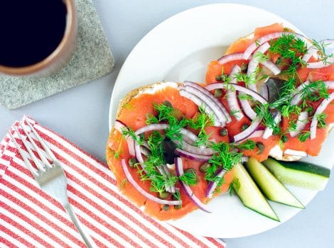 Bagel with lox and cup of coffee