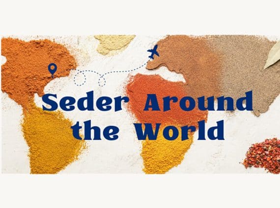 World map with continents made of spices, Seder Around the World in text