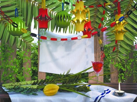 Sukkah with green plants on the sides, lulav & etrog on table