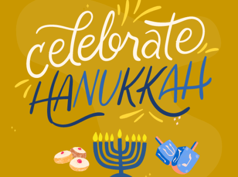 gold graphic with Celebrate Hanukkah, hanukkiyah, dreidel