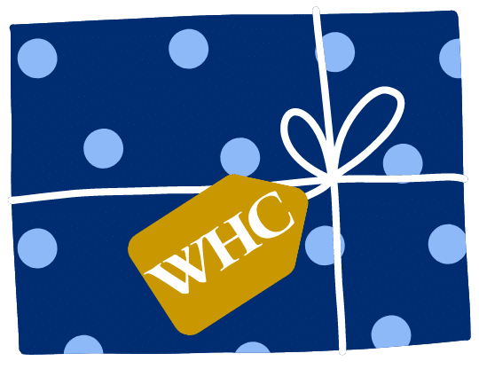 graphic of blue polka dot wrapped paper with gold WHC gift tag