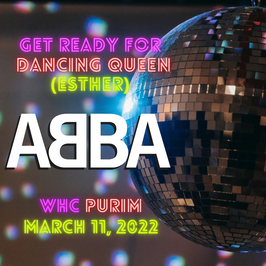 disco ball with text "Abba - WHC Purim"