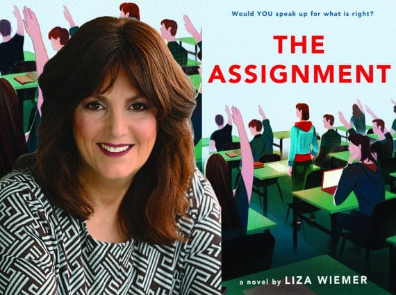 Liza Wiemer headshot over book cover of The Assignment
