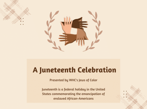 4 interlocking hands in different skin tones with A Juneteenth Celebration in text