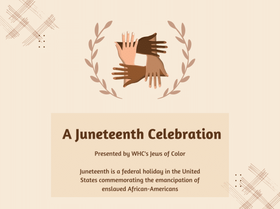 4 interlocking hands in different skin tones with A Juneteenth Celebration in text