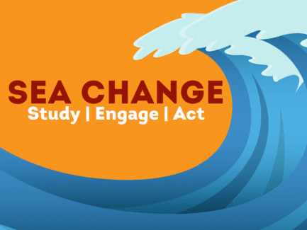 SEA Change graphic - blue wave and orange background