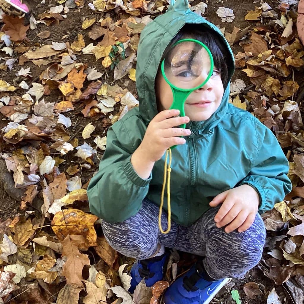 Young child in green hoodie sits in pile of leaves holding magnifying glass to their eye