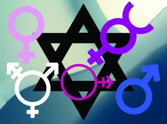 graphic with star of david and gender icons - male, female, bisexual, transgender, uncertain