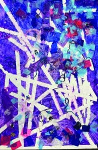 abstract artwork in blue and purple with white stripes