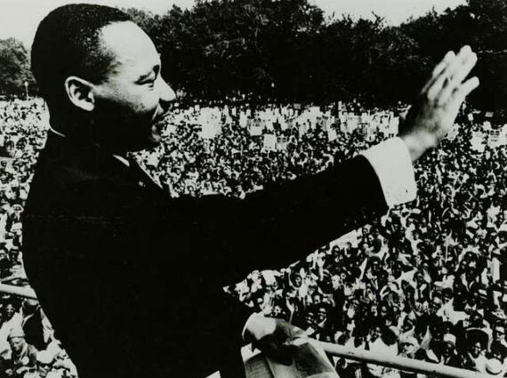Dr. Martin Luther King Jr. waves to the crowd during the March on Washington in 1963.