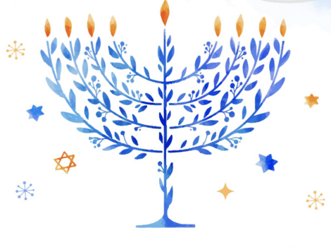 Blue Hanukkiyah made from branches.
