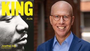 Side-by-side images of "King" book cover and author Jonathan Eig,