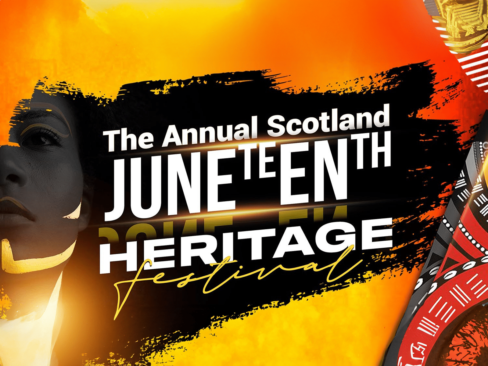 silhouette of a Black woman's face and African-themed designs. Text says The Annual Scotland Juneteenth Heritage Festival
