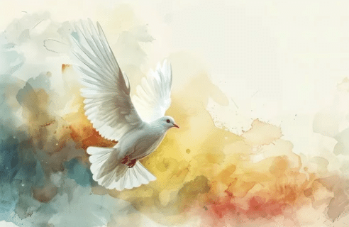 Dove flying over watercolor background