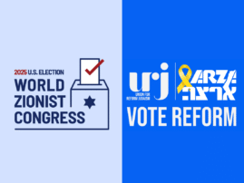 This is an eye-catching graphic promoting the 2025 U.S. election for the World Zionist Congress, with a call to "Vote Reform." It also features the Union for Reform Judaism (URJ) and ARZA logos, encouraging participation in the Zionist Congress elections. The design is clear and concise, emphasizing the importance of voting and reform within the Jewish community.