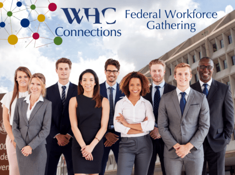 group of young professionals stand in front of a brutalist federal building
