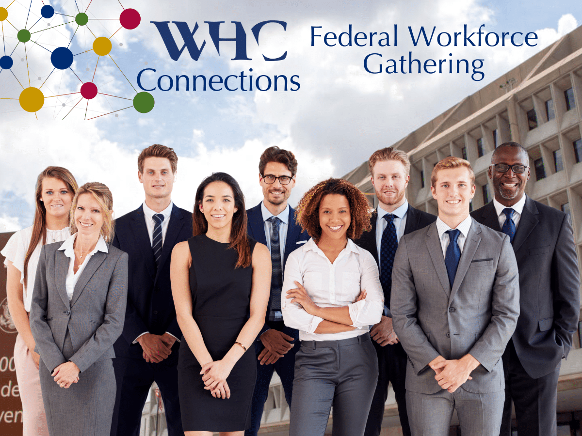 group of young professionals stand in front of a brutalist federal building