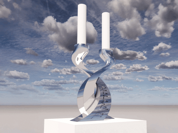 Pair of intertwined "Spread the Light" candlesticks on a pedestal with an open desert and cloud filled sky