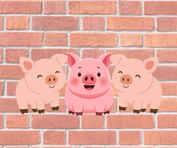3 little pigs with brick wall background