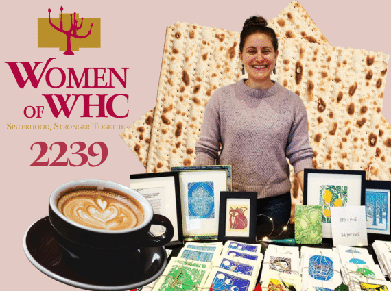 Artist Raina Fox showing art in front of matzah and coffee - Women of WHC and 2239 event