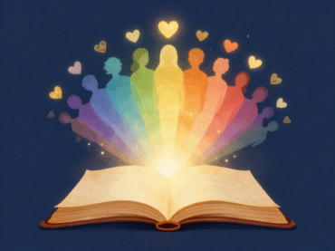 open book with rainbow silhouettes and hearts radiating from it
