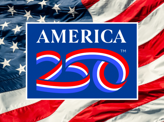 American flag background with "America 250" logo in center