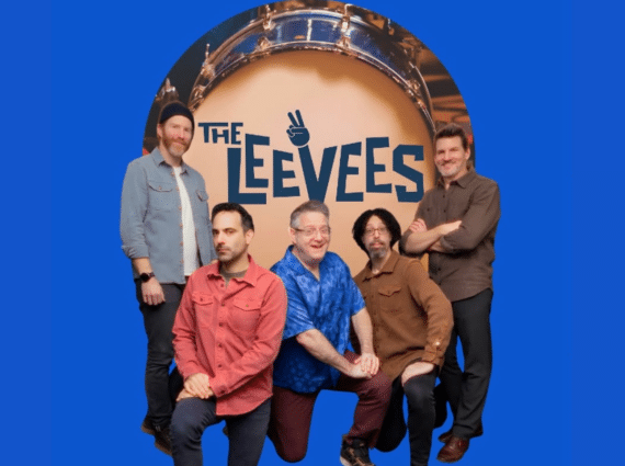 Bass drum wth "The LeeVees" logo on it , 5 band members in front on blue background