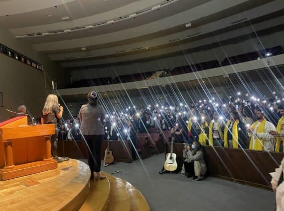500 Days event with sanctuary filled with people with phone lights on