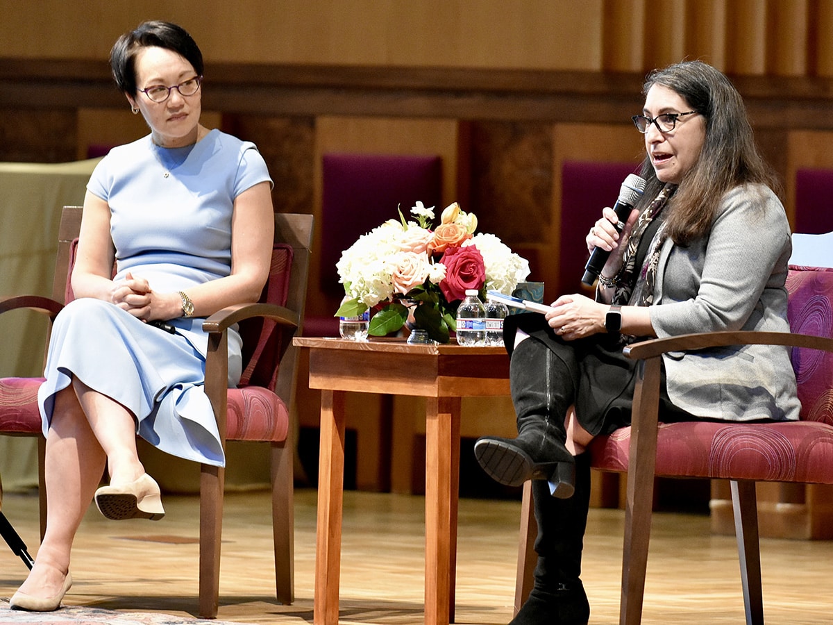 Rabbi Angela Buchdahl sits next to Rabbi Sue Shankman
